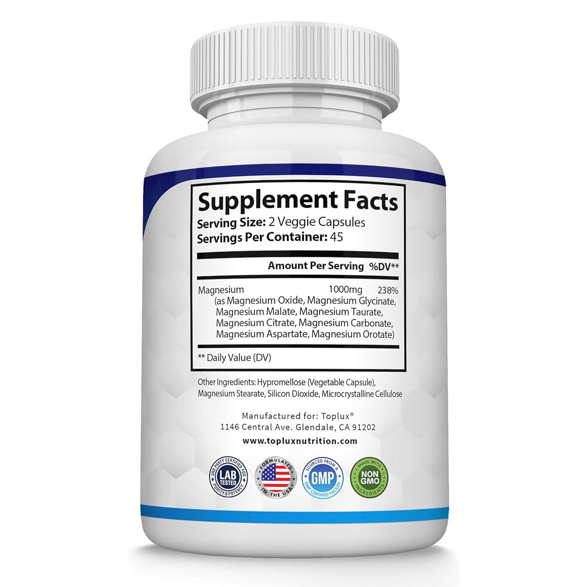 Magnesium Complex Supplement 8 Elemental 1000mg - Magnesium Glycinate, Citrate, Malate, Taurate, Chelated for Easy Absorption for Bones, Muscle, Recovery, Energy, Vegan Non-GMO