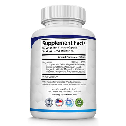 Magnesium Complex Supplement 8 Elemental 1000mg - Magnesium Glycinate, Citrate, Malate, Taurate, Chelated for Easy Absorption for Bones, Muscle, Recovery, Energy, Vegan Non-GMO