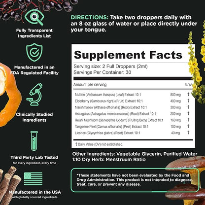 SuperBonsai Super Lungs Mullein Drops – Herbal Lung Support Tincture with Mullein Leaf Extract Elderberry Reishi Marshmallow Root – Supports Clear Breathing & Wellness – 2 oz