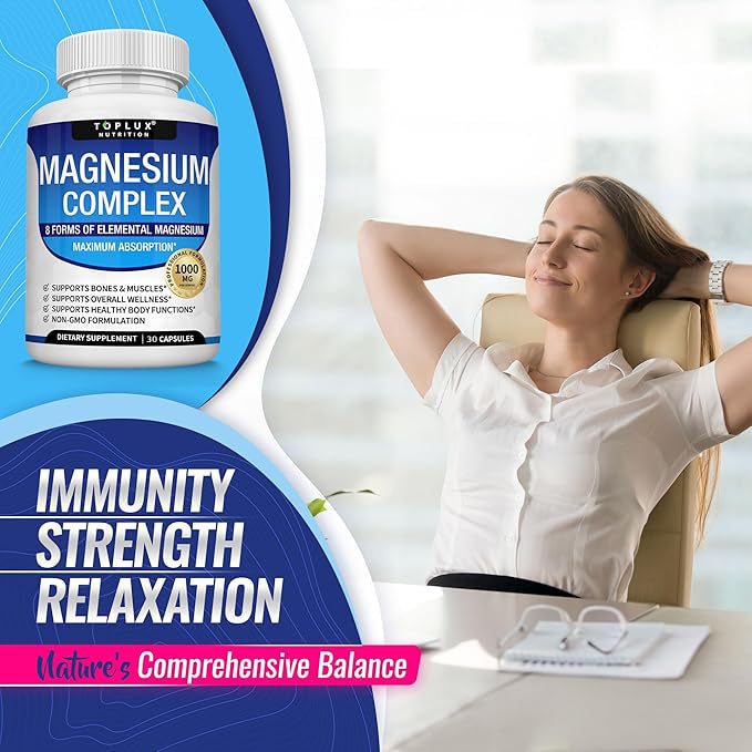 Magnesium Complex Supplement 8 Elemental 1000mg - Magnesium Glycinate, Citrate, Malate, Taurate, Chelated for Easy Absorption for Bones, Muscle, Recovery, Energy, Vegan Non-GMO