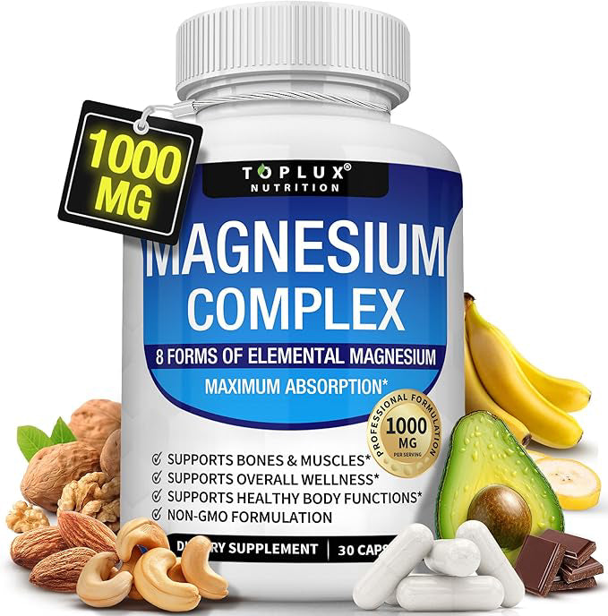 Magnesium Complex Supplement 8 Elemental 1000mg - Magnesium Glycinate, Citrate, Malate, Taurate, Chelated for Easy Absorption for Bones, Muscle, Recovery, Energy, Vegan Non-GMO