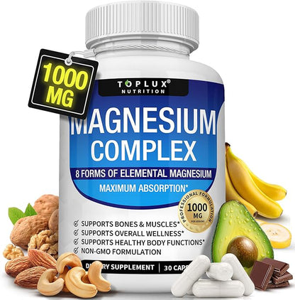 Magnesium Complex Supplement 8 Elemental 1000mg - Magnesium Glycinate, Citrate, Malate, Taurate, Chelated for Easy Absorption for Bones, Muscle, Recovery, Energy, Vegan Non-GMO