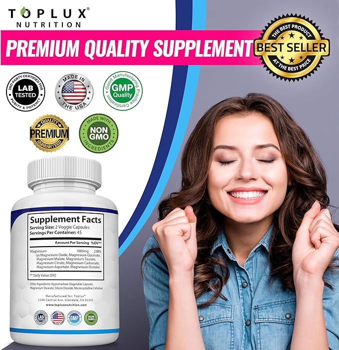 Magnesium Complex Supplement 8 Elemental 1000mg - Magnesium Glycinate, Citrate, Malate, Taurate, Chelated for Easy Absorption for Bones, Muscle, Recovery, Energy, Vegan Non-GMO